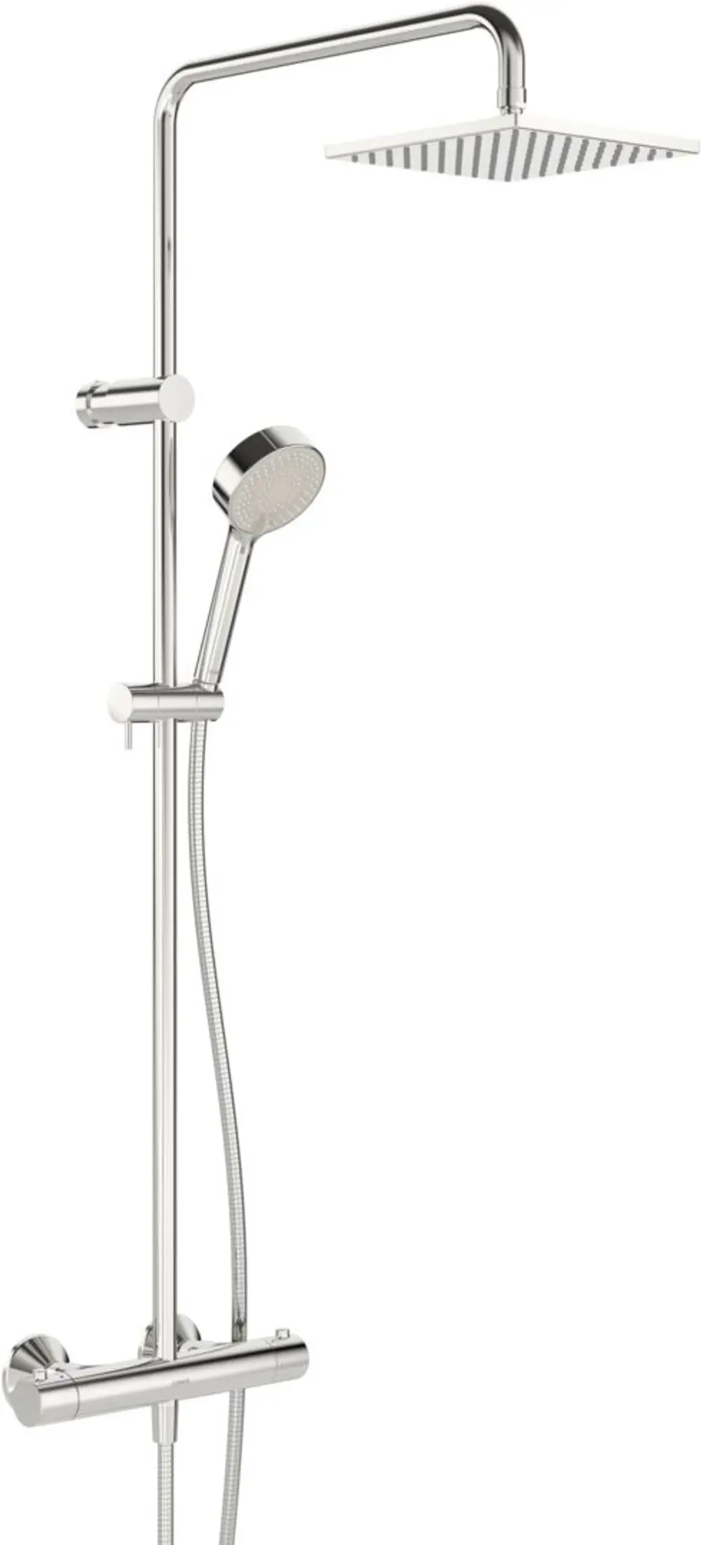 Duscharmatur in Chromfinish mit einer quadratischen Kopfbrause und einem Handheld-Duschkopf. Hersteller ist HANSA.